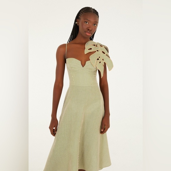 Farm Rio Green Striped 3d Monstera Leaf Midi Dress - Picture 7 of 9